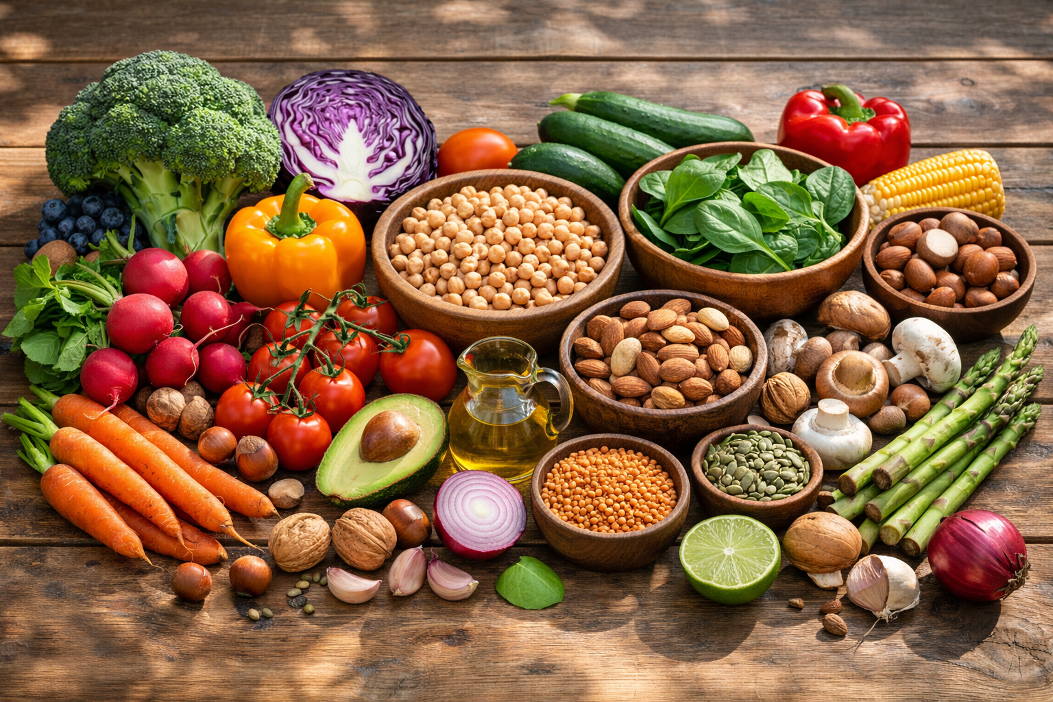 Fresh colorful vegetables and nuts arranged on a wooden table in natural daylight, healthy eating concept