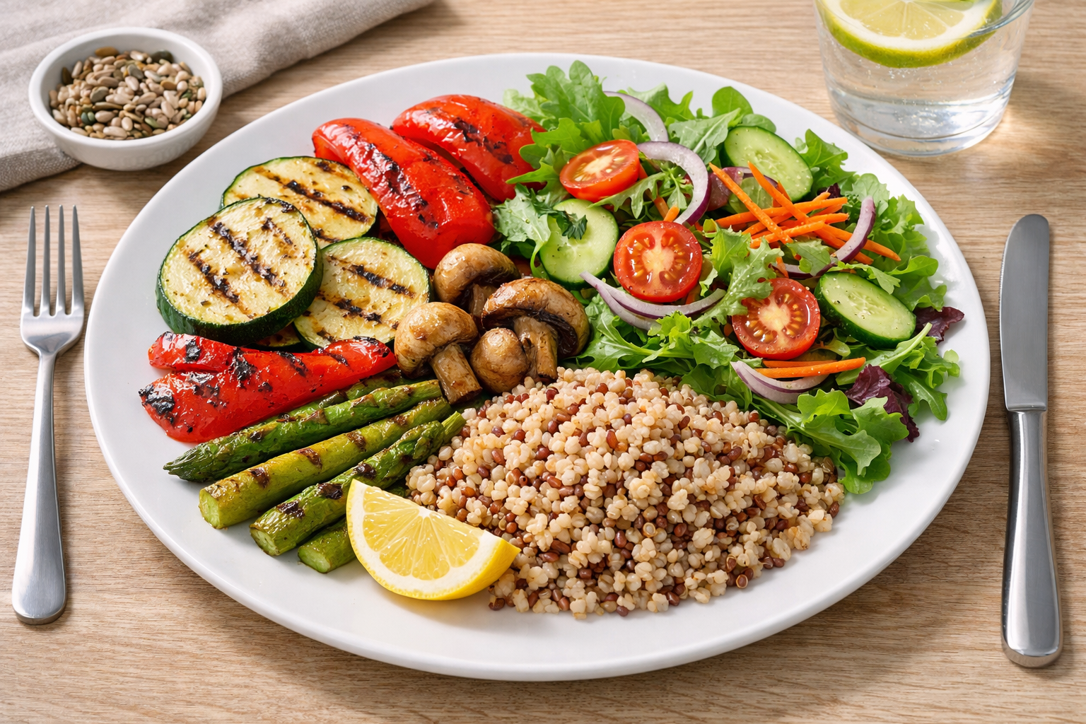 Simple balanced meal with grilled vegetables, whole grains and fresh salad on a white plate, healthy lifestyle